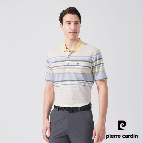 【pierre cardin 皮爾卡登】男款 吸濕排汗微彈性TOP定位橫條短袖POLO衫-淺黃色 (5247290-52)