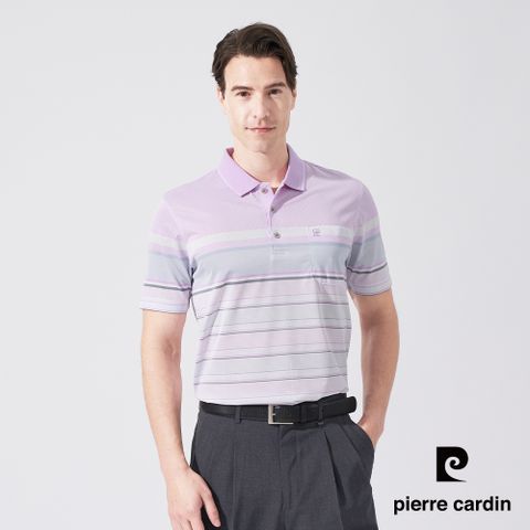 【pierre cardin 皮爾卡登】男款 吸濕排汗微彈性TOP組織定位橫條短袖POLO衫-粉紫色 (5247291-25)