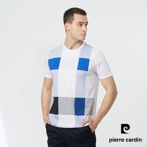 Pierre Cardin 皮爾卡登 男款 棉混胸前印大格圓領衫T恤-藍色 (5247281-36)