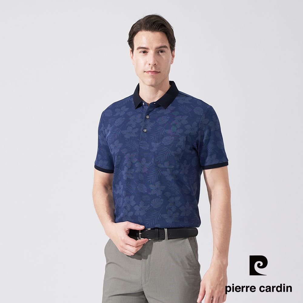 Pierre Cardin 皮爾卡登 男款 雙色網眼花朵印花短袖POLO衫-深藍色 (5247256-38)