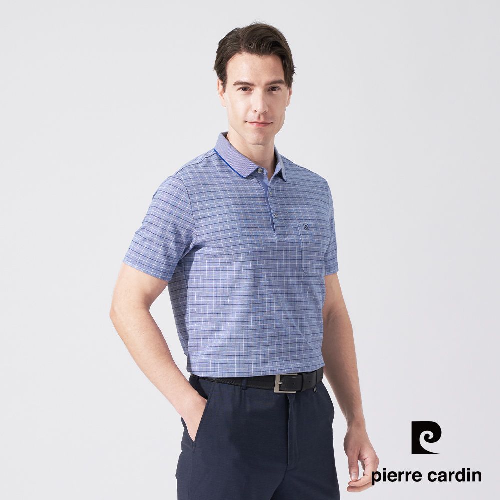 Pierre Cardin 皮爾卡登 男款 雙色網眼印格短袖POLO衫-藍色 (5247257-35)