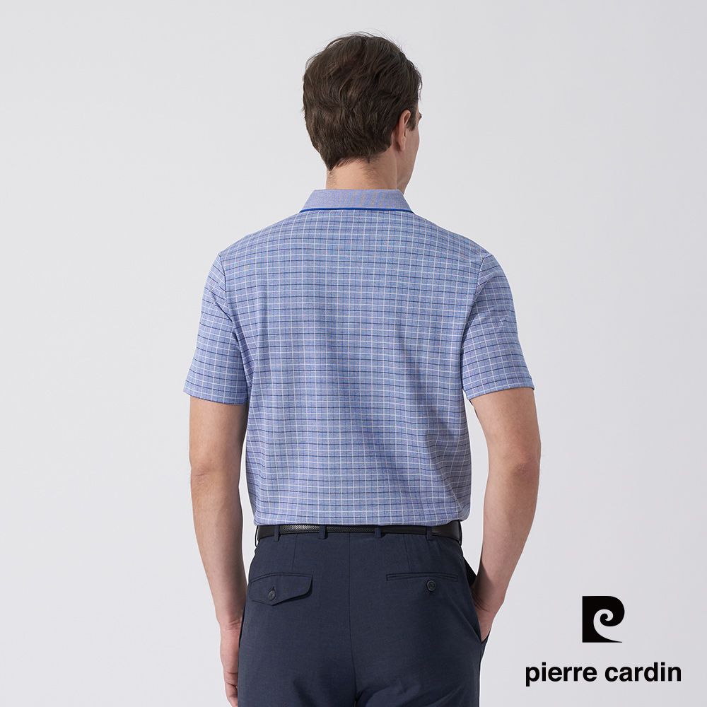 Pierre Cardin 皮爾卡登 男款 雙色網眼印格短袖POLO衫-藍色 (5247257-35)