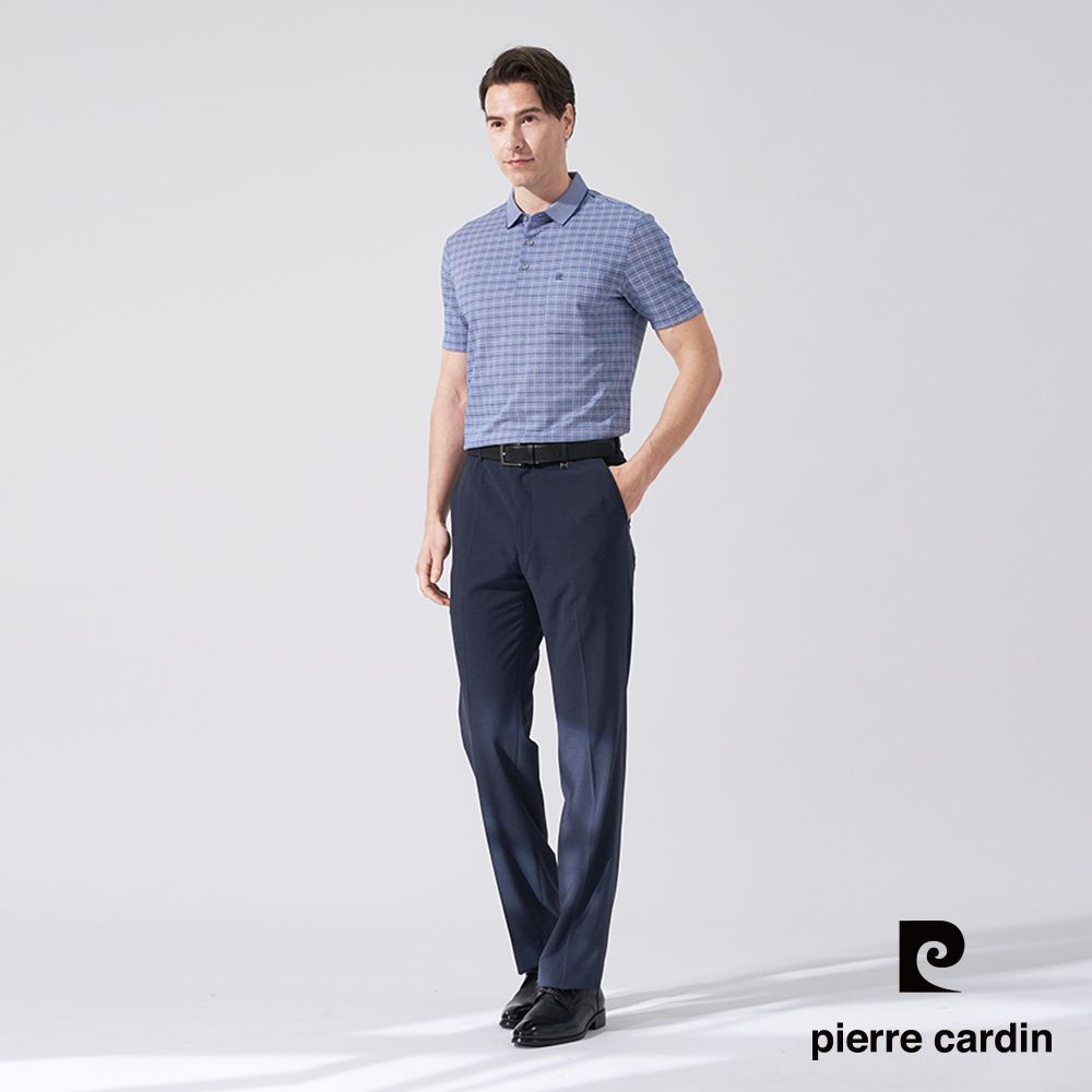 Pierre Cardin 皮爾卡登 男款 雙色網眼印格短袖POLO衫-藍色 (5247257-35)