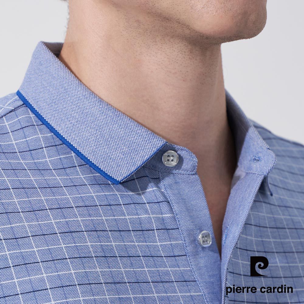 Pierre Cardin 皮爾卡登 男款 雙色網眼印格短袖POLO衫-藍色 (5247257-35)