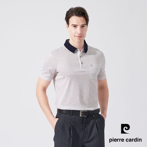 【pierre cardin 皮爾卡登】男款 點點條領配色短袖POLO衫-卡其色 (5247259-84)