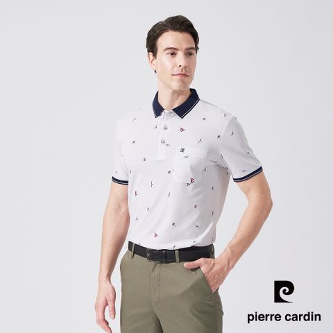 【pierre cardin 皮爾卡登】男款 網眼帆船印花橫條短袖POLO衫-白色 (5247261-90)