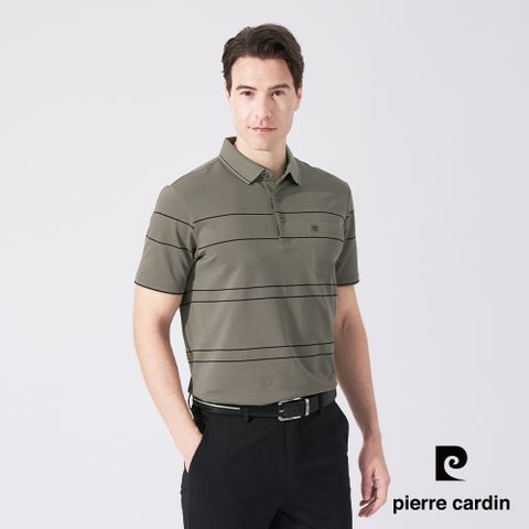 【pierre cardin 皮爾卡登】男款 橫條短袖POLO衫-軍綠色 (5247262-47)