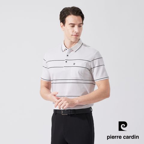【pierre cardin 皮爾卡登】男款 橫條短袖POLO衫-白色 (5247262-90)