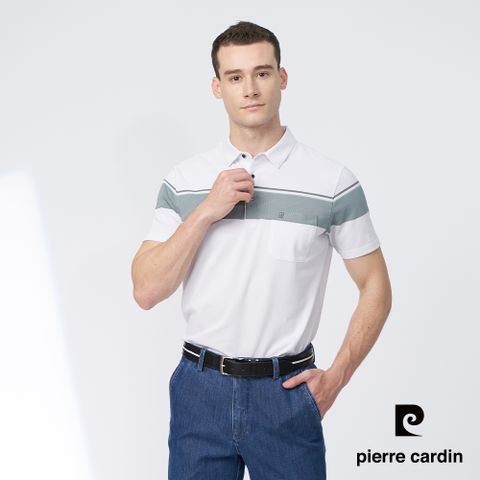 Pierre Cardin 皮爾卡登 男款 定位橫條短袖POLO衫-白色 (5247263-90)