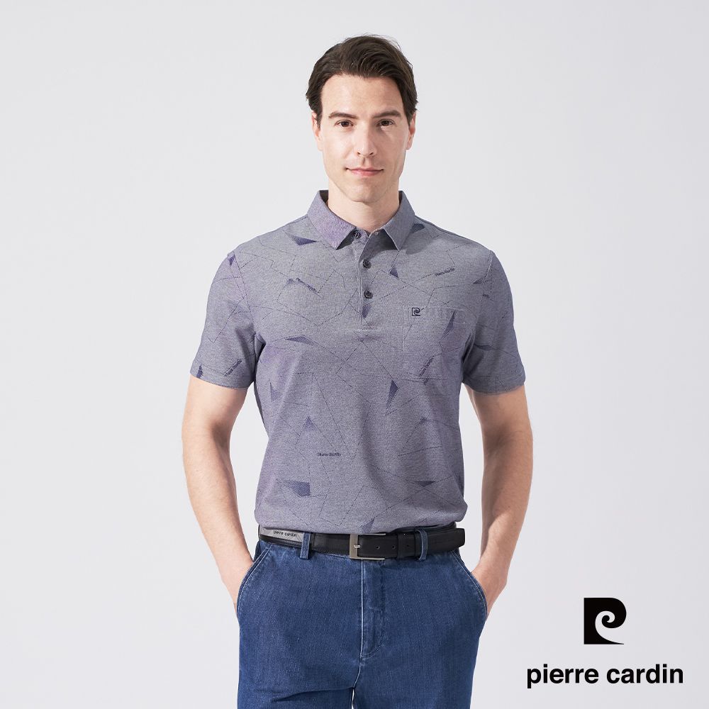 Pierre Cardin 皮爾卡登 男款 雙色網眼印花襯衫領短袖POLO衫-深藍色 (5247266-38)