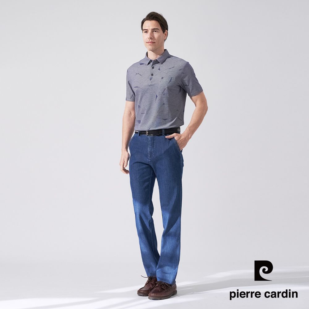 Pierre Cardin 皮爾卡登 男款 雙色網眼印花襯衫領短袖POLO衫-深藍色 (5247266-38)