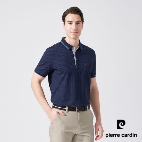 【pierre cardin 皮爾卡登】男款 網眼印花短袖POLO衫-深藍色 (5247268-38)
