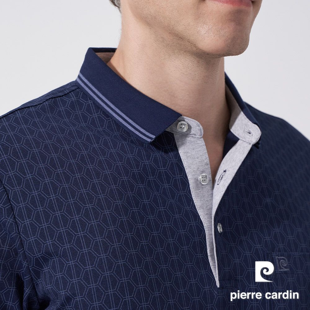 Pierre Cardin 皮爾卡登 男款 網眼印花短袖POLO衫-深藍色 (5247268-38)