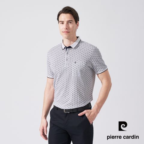【pierre cardin 皮爾卡登】男款 網眼印花短袖POLO衫-白色 (5247268-90)