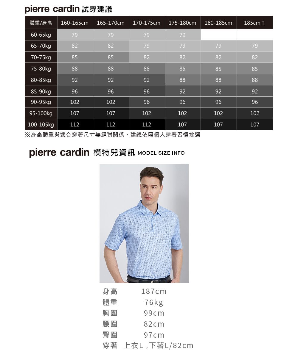 pierre cardin 試穿建議體重/身高 160-165cm165-170cm 170-175cm 175-10cm 180-185cm60-65kg7979797965-70kg828279797970-75kg858582828275-80kg888888858580-85kg929292888885-90kg969696929290-95kg10210296969695-100kg107107102102102100-105kg112112112107107※身高體重與適合穿著尺寸無絕對關係,建議依照個人穿著習慣挑選pierre cardin  SIZE INFO185cm 82102107    8 8 身高187cm體重76kg胸圍99cm腰圍82cm臀圍97cm穿著 上衣L,下著L/82cm