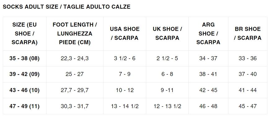 SOCKS ADULT SIZETAGLIE ADULTO CALZESIZE (EUSHOEFOOT LENGTHUSA SHOEUK SHOE/LUNGHEZZA/ SCARPASCARPASCARPA)PIEDE (CM)ARGSHOE /SCARPABR SHOE/ SCARPA3538 (08)22,3 - 24,33 1/2 1/33 3639-42 (09)25-2743-46 (10)27,7 29,77-910-126-838 41-37-409-1142-4547-49 (11)-13 14 1/2-12 13 1/246 - 48