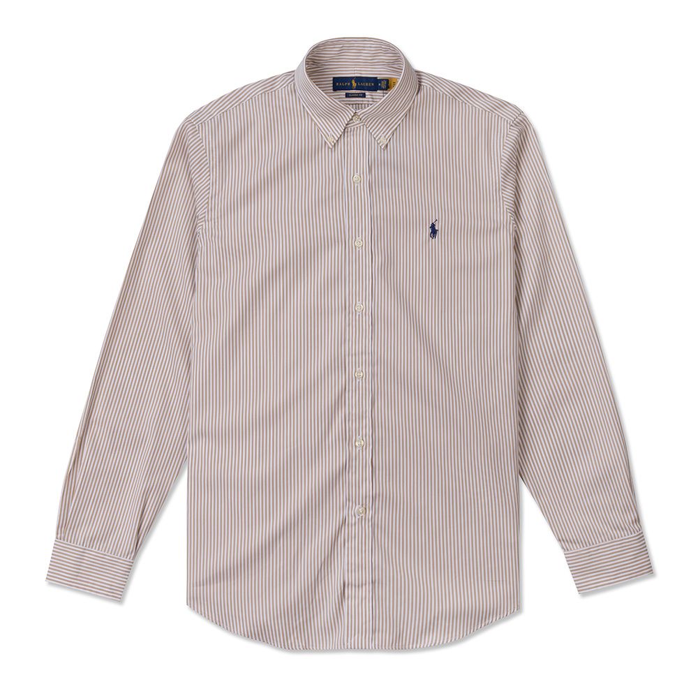 polo  Ralph Lauren 經典刺繡小馬長袖襯衫(Classic Fit)-卡其白條紋色