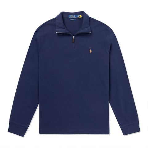 polo Ralph Lauren RL 熱銷刺繡小馬立領半開襟針織毛衣-深藍色