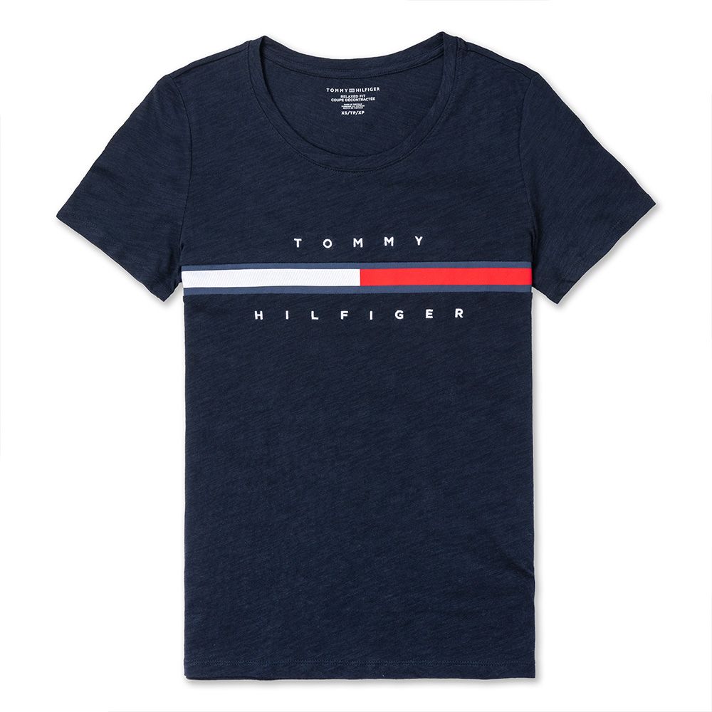 TOMMY  經典刺繡大LOGO文字短袖T恤 (女)-深藍色