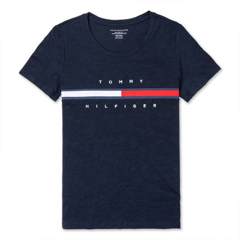 TOMMY 經典刺繡大LOGO文字短袖T恤 (女)-深藍色