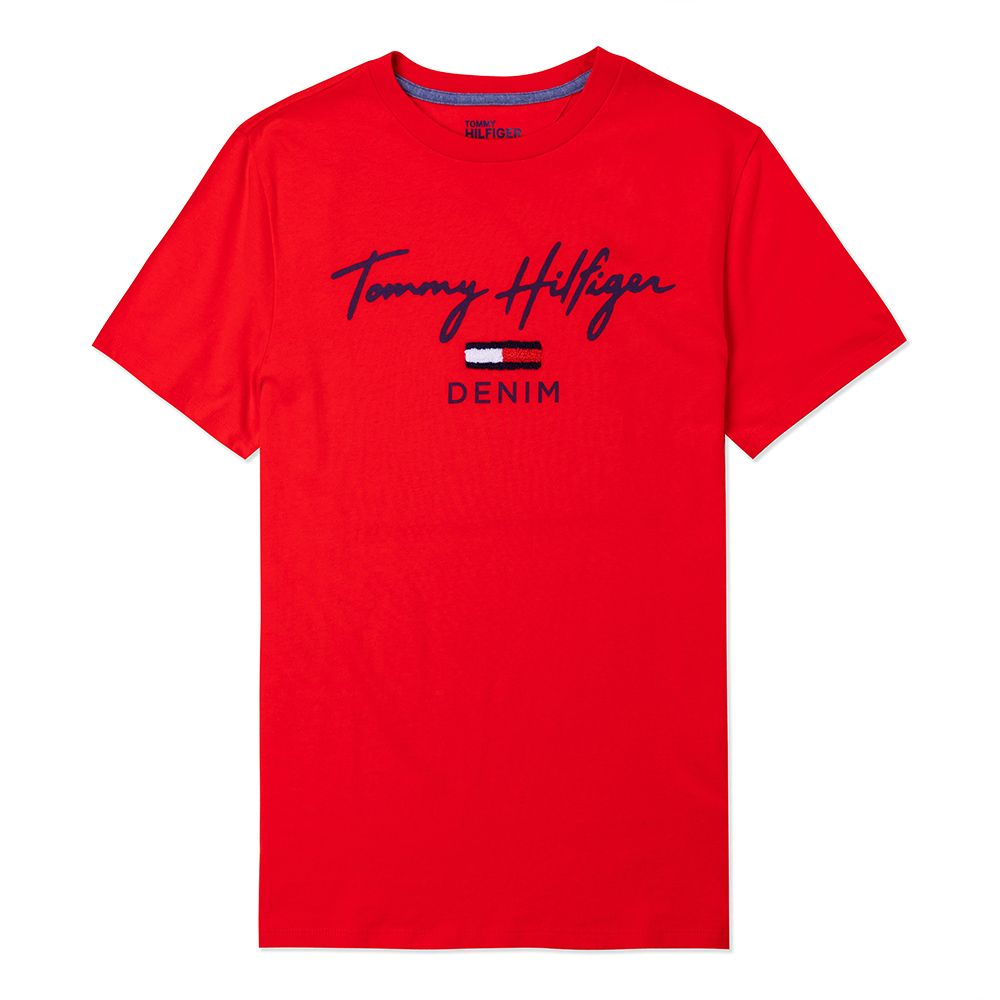 Tommy Hilfiger  熱銷刺繡草寫文字Logo圖案短袖T恤-紅色