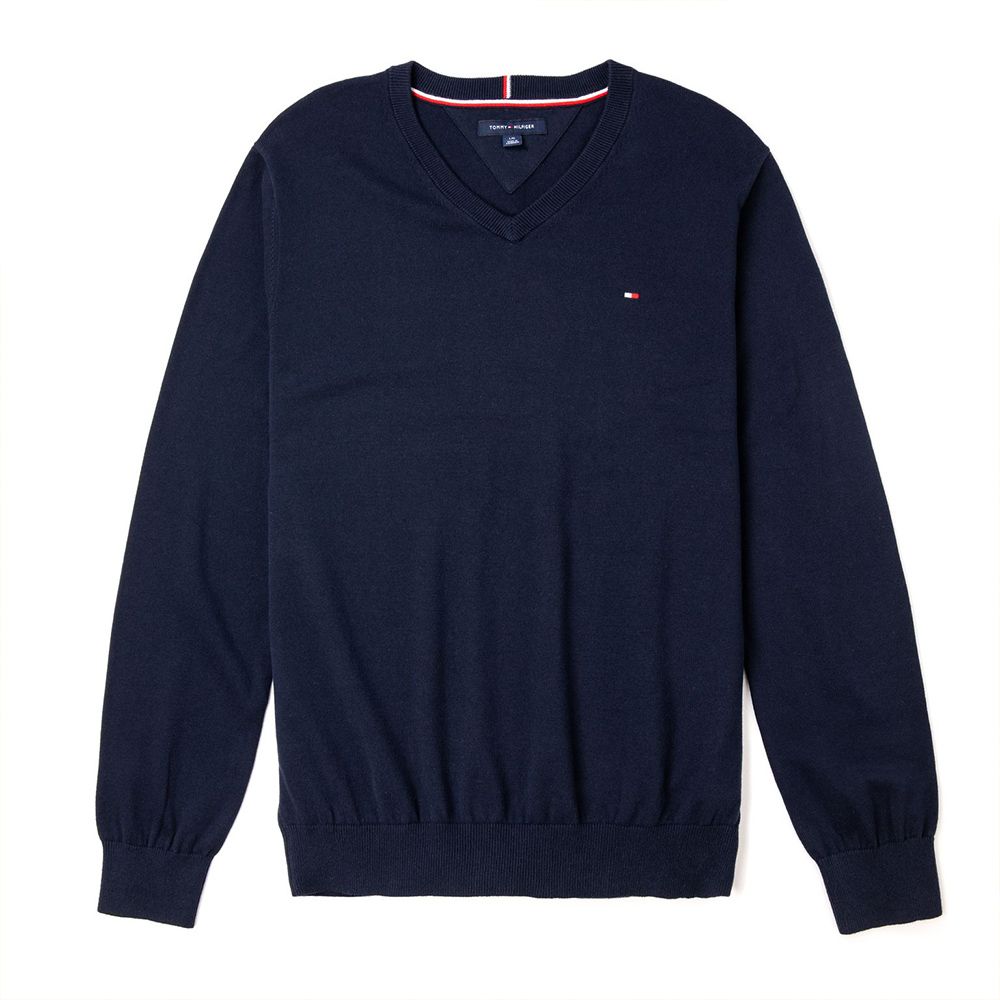 Tommy Hilfiger TOMMY 經典V領Logo毛衣-深藍色