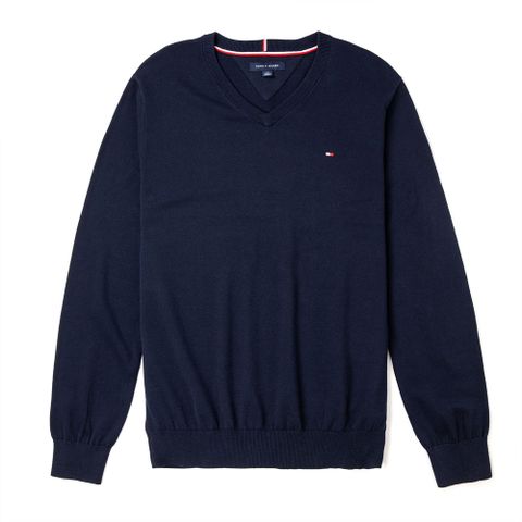 Tommy Hilfiger 經典V領Logo毛衣-深藍色