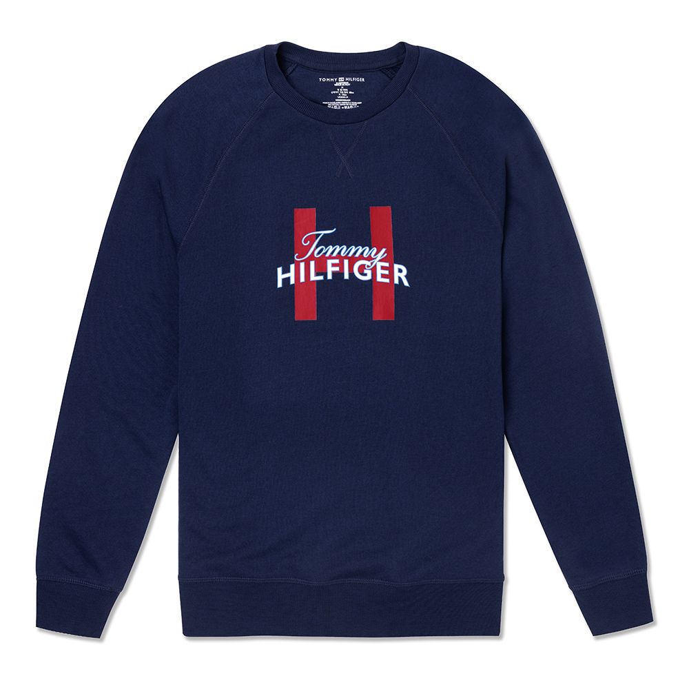 Tommy Hilfiger TOMMY 熱銷印刷大H文字圖案大學T恤-深藍色