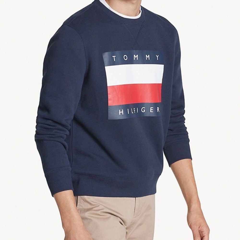 Tommy Hilfiger TOMMY 經典印刷LOGO鋪棉保暖大學T恤-深藍色