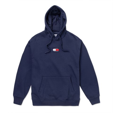 Tommy Hilfiger TOMMY 熱銷寬版貼布LOGO厚磅內刷毛圖案連帽T恤-深藍色