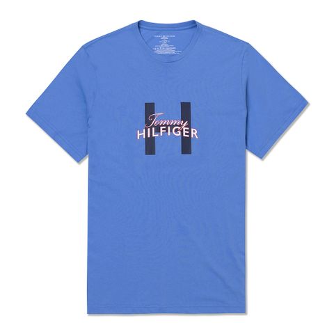 TOMMY 熱銷印刷大H文字圖案短袖T恤-藍色