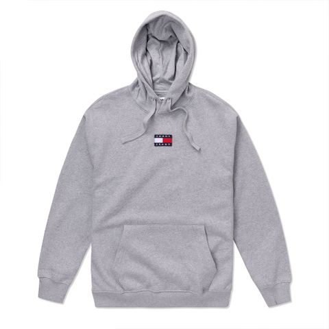 Tommy Hilfiger TOMMY 熱銷寬版貼布LOGO厚磅內刷毛圖案連帽T恤-灰色