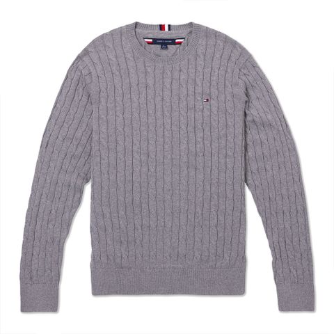 Tommy Hilfiger TOMMY 熱銷圓領刺繡Logo麻花針織毛衣-灰色