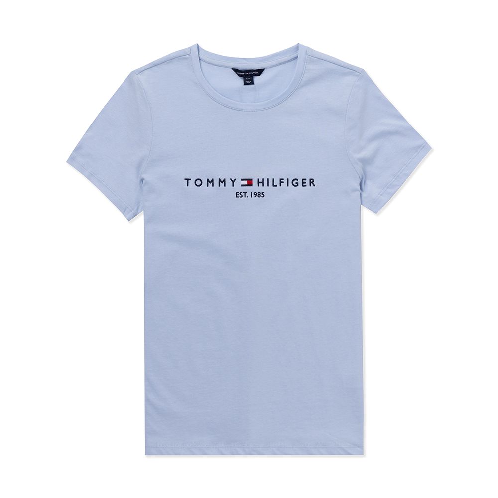 Tommy Hilfiger TOMMY 熱銷刺繡1985文字Logo圖案短袖T恤(女)-水藍色