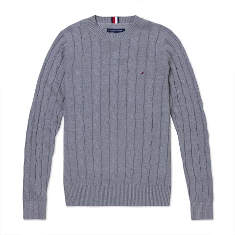 TOMMY 熱銷圓領刺繡小LOGO麻花針織毛衣-灰色