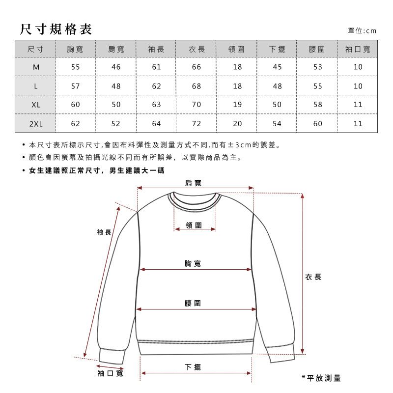 尺寸規格表單位:cm尺寸胸寬肩寬袖長衣長領圍下擺腰圍袖口寬M5546616618455310L5748626818485510XL60506370195058112XL625264722054606011本尺寸表所標示尺寸,會因布料彈性及測量方式不同,而有±3cm的誤差。顏色會因螢幕及拍攝光線不同而有所誤差,以實際商品為主。女生建議照正常尺寸,男生建議大一碼肩寬領圍袖長胸寬腰圍 衣長下擺袖口寬*平放測量