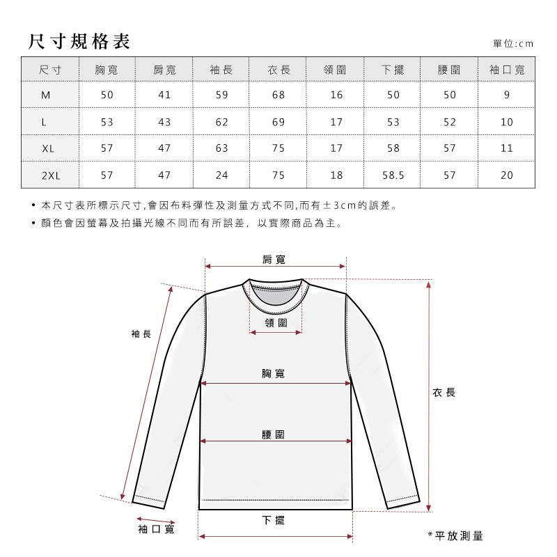 尺寸規格表單位:cm尺寸胸寬肩寬袖長衣長領圍下擺腰圍袖口寬M504159681650509L5343626917535210XL57476375175857112XL574724751858.55720本尺寸表所標示尺寸,會因布料彈性及測量方式不同,而有3cm的誤差。顏色會因螢幕及拍攝光線不同而有所誤差,以實際商品為主。肩寬領圍袖長胸寬衣長腰圍下擺袖口寬*平放測量