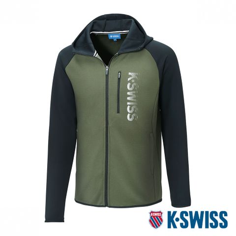 布料舒適具有挺度K-SWISS PF Raglan Jacket連帽運動外套-男-橄欖綠/黑