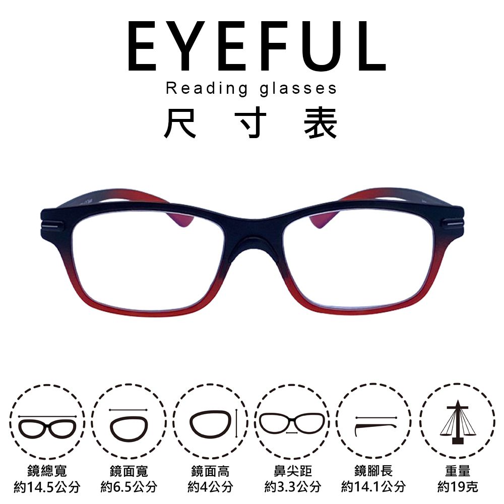 EYEFULReading glasses尺寸表鏡總寬約14.5公分鏡面寬約6.5公分鏡面高約4公分鼻尖距約3.3公分鏡腳長約14.1公分重量約19克