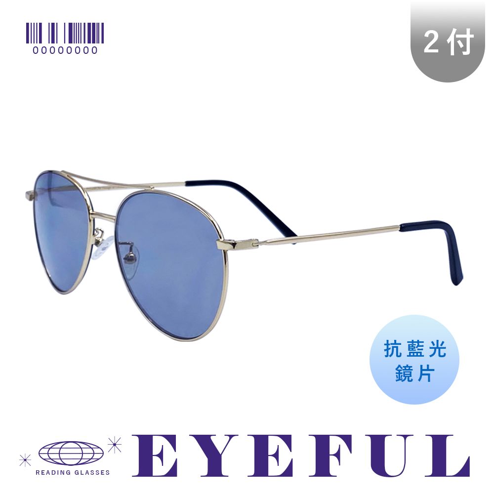 EYEFUL 2付組 抗藍光UV變色老花金屬金框飛官款 老花眼鏡 不鏽鋼 視野清晰 室內戶外通用 變色片 1040P