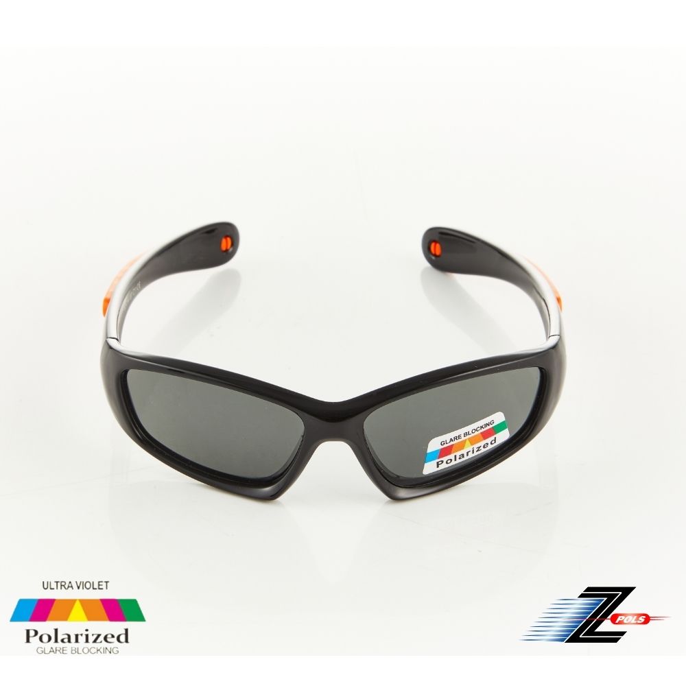 Z-POLS 視鼎 兒童款矽膠軟質彈性舒適款 Polarized寶麗來偏光抗UV400太陽眼鏡 黑橘配色(鏡腳可變身眼鏡繩)