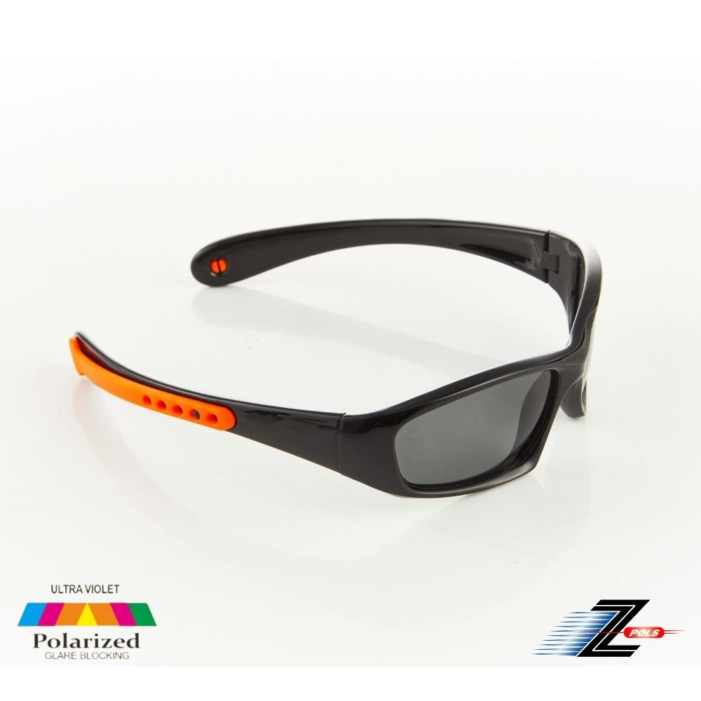 Z-POLS 視鼎 兒童款矽膠軟質彈性舒適款 Polarized寶麗來偏光抗UV400太陽眼鏡 黑橘配色(鏡腳可變身眼鏡繩)