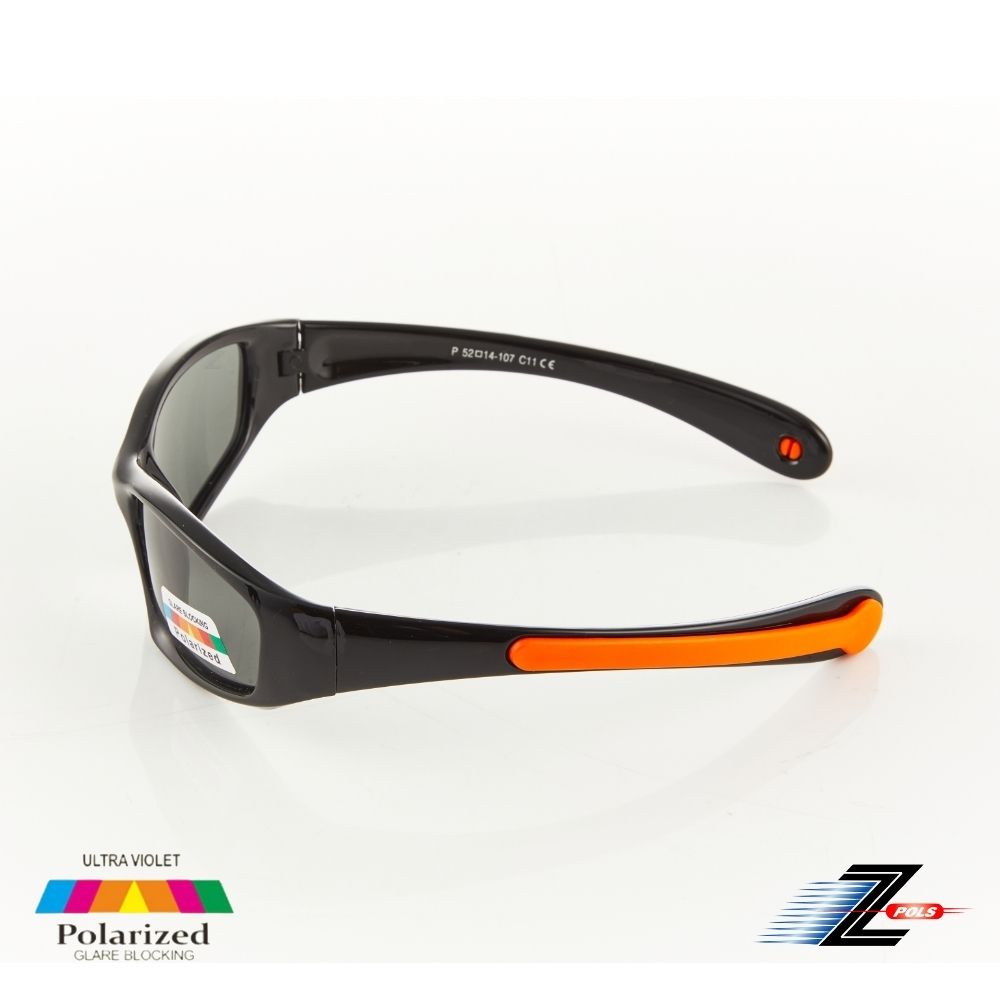 Z-POLS 視鼎 兒童款矽膠軟質彈性舒適款 Polarized寶麗來偏光抗UV400太陽眼鏡 黑橘配色(鏡腳可變身眼鏡繩)