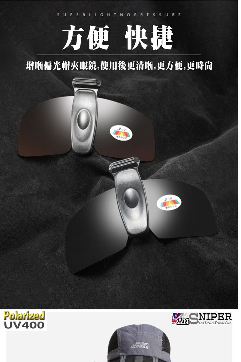 SUPER LIGHTNO PRESSURE方便快捷晰偏光帽夾眼鏡,使用後更清晰,更方便,更時尙PolarizedUV400レンズANSNIPER  FORCES USE