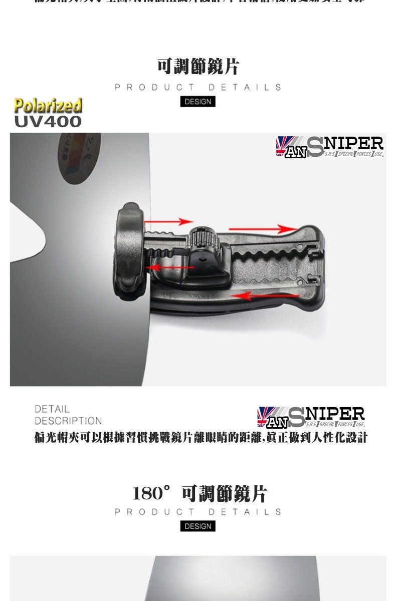 PolarizedUV400可調節鏡片PRODUCT DETAILSDESIGN SNIPER  FORCES DETAILDESCRIPTIONAN   FORCES USESNIPER偏光帽夾可以根據習慣挑戰鏡片離眼睛的距離,眞正做到人性化設計180°可調節鏡片PRODUCT DETAILSDESIGN
