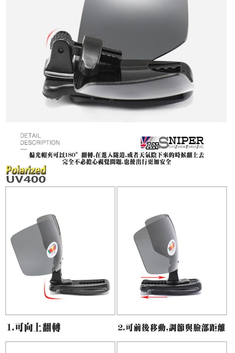 DETAILDESCRIPTION SNIPER SPECIAL FORCES 偏光帽夾可以180°翻轉,在進入隧道,或者天氣陰下來的時候翻上去完全不必擔心視覺問題,也使出行更加安全PolarizedUV4001.可向上翻轉2.可前後移動,調節與臉部距離