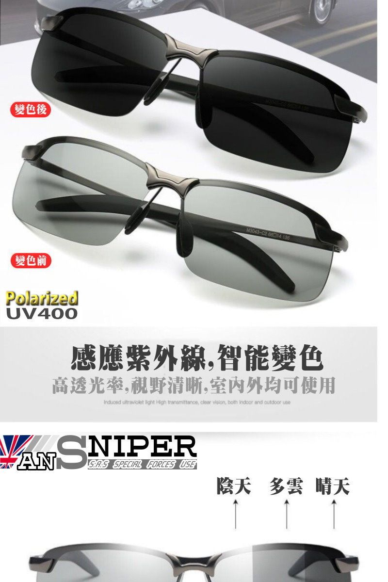 變色後M3043變色前PolarizedUV400感應紫外線智能變色高透光率視野清晰室内外均可使用    ,  , both    ANSNIPER SPECIAL FORCES USE陰天 多雲 晴天