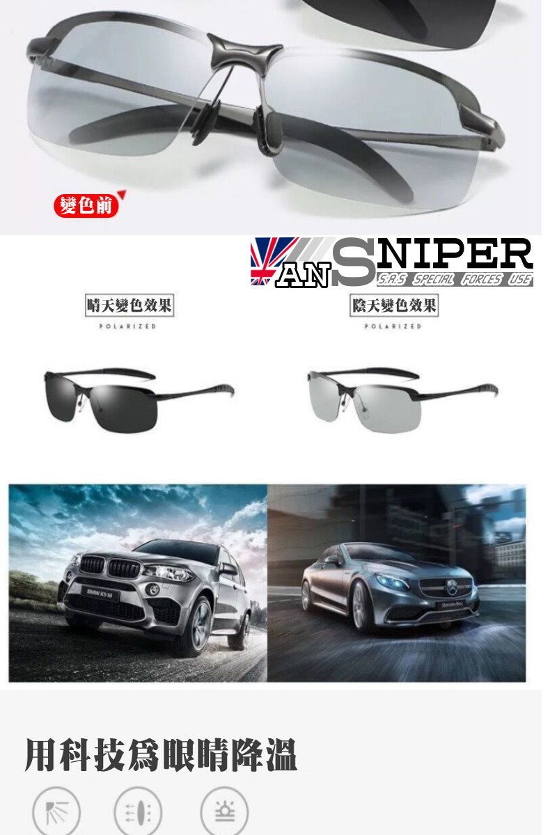 變色前晴天變色效果POLARIZED ANSNIPER SPECIAL FORCES USE|陰天變色效果|POLARIZED用科技眼睛降溫