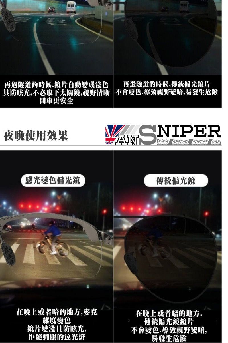 再過隧道的時候,鏡片自動變成淺色光,不必取下太陽鏡,視野清晰開車更安全再過隧道的時候,傳統偏光鏡片不會變色,導致視野變暗,易發生危險夜晚使用效果ANSNIPER SPECIAL FORCES 感光變色偏光鏡傳統偏光鏡在晚上或者暗的地方,麥克維度變色鏡片變淺且防眩光,拒絕刺眼的遠光燈在晚上或者暗的地方,傳統偏光鏡鏡片不會變色,導致視野變暗,易發生危險
