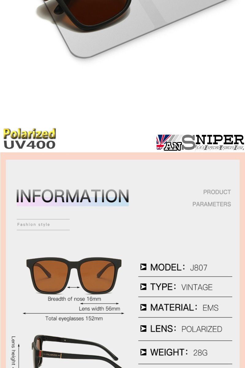 PolarizedUV400INFORMATIONFashion styleLens heightBreadth of nose 16mmLens width 56mmTotal eyeglasses 152mmPOLARIZEDANSNIPER SPECIAL FORCES USEPRODUCTPARAMETERS MODEL J807☑TYPE: VINTAGE MATERIAL: EMS LENS: POLARIZED WEIGHT: 28G